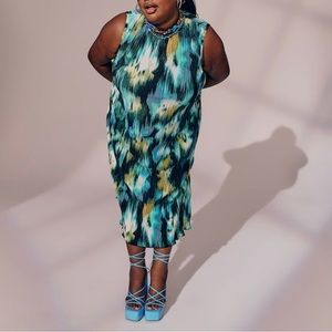 Karefa Johnson Dress Watercolor Plisse Midi Pleated Green Blue Black Size 2X